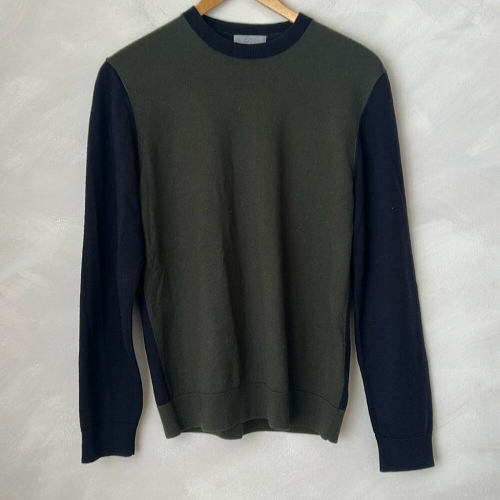 COS 100% wool two toned crew neck lightweight sweater green navy size small